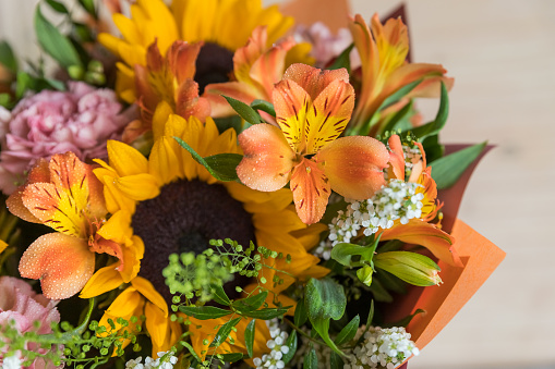 Close up of colourful flower arrangements with African daisies.