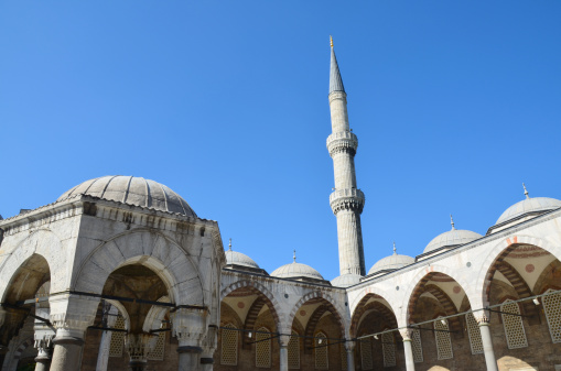 Blue Mosque Courtyard and minaret in Istanbul Turkey