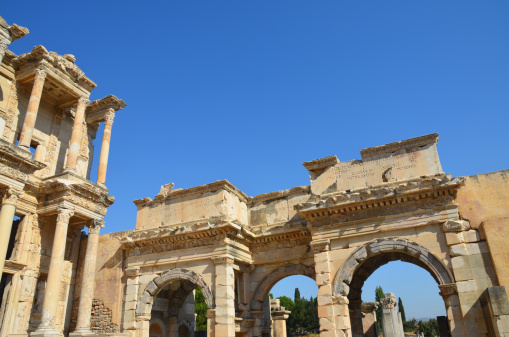 Ancient Roman ruins of the Library of Celsus arches in Ephesus near Kusadas, Turkey