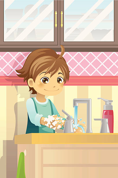 ilustrações, clipart, desenhos animados e ícones de menino lavando as mãos - house home interior small human hand