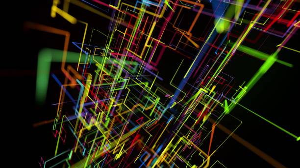 istock 3d rendering sci-fi bg like abstract hologram. Multicolor neon glow lines form digital 3d space. Connection concept, visualization of multiple calculations of various branches neural network or AI 1339904896