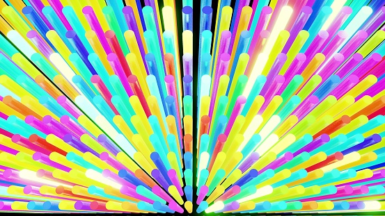 3d render. Abstract festive bg with rows of cylinders on plane flashing neon multicolored light randomly. Neon bulbs for show or events, exhibitions, festivals.