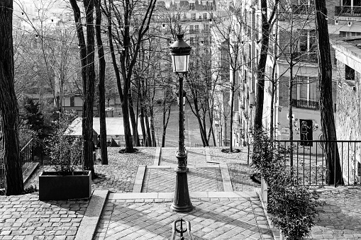 View of the staircase of Montmartre. Paris in France. March 8, 2021.
