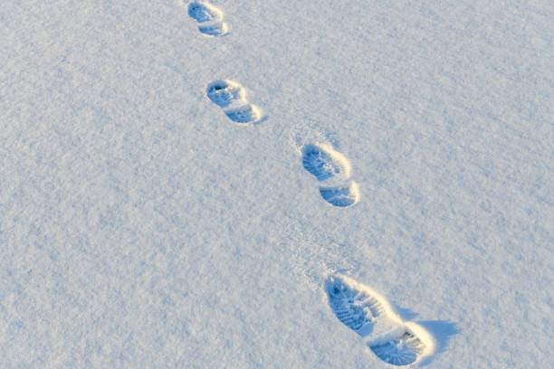 istock Footprints of shoe sole on the white snow 1339909567