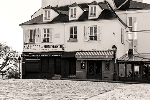 Montmartre empty during Covid-19 pandemic. Usually busy, the streets are empty, without tourists.  Sepia Toned