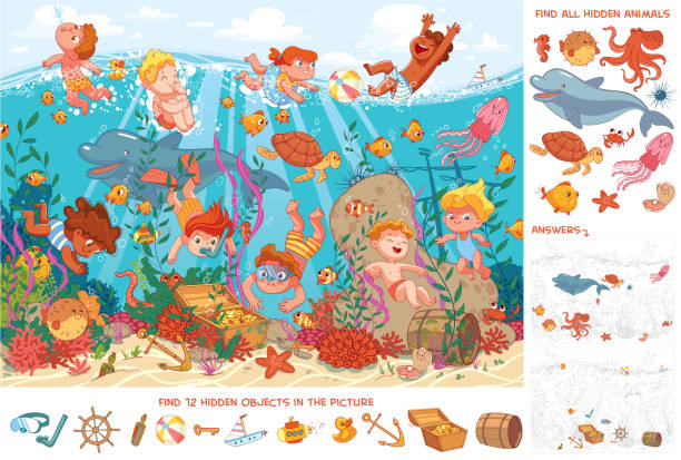 ilustrações, clipart, desenhos animados e ícones de crianças nadam debaixo d'água com vida marinha. encontre 10 objetos escondidos na imagem. itens ocultos do quebra-cabeça - brainteaser