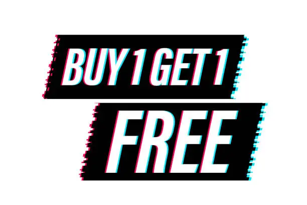 Vector illustration of Buy 1 Get 1 Free, sale tag, banner design template. Glitch icon. Vector stock illustration.