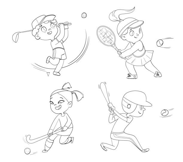 командный олимпийский вид спорта. хоккей на траве, бейсбол, теннис, гольф. набор - golf child sport humor stock illustrations