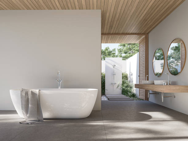 istock Modern contemporary loft bathroom with outdoor shower 3d render 1339918907