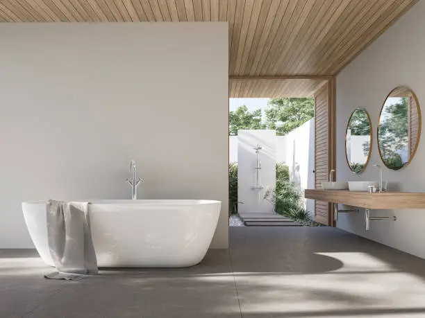 Photo of Modern contemporary loft bathroom with outdoor shower 3d render