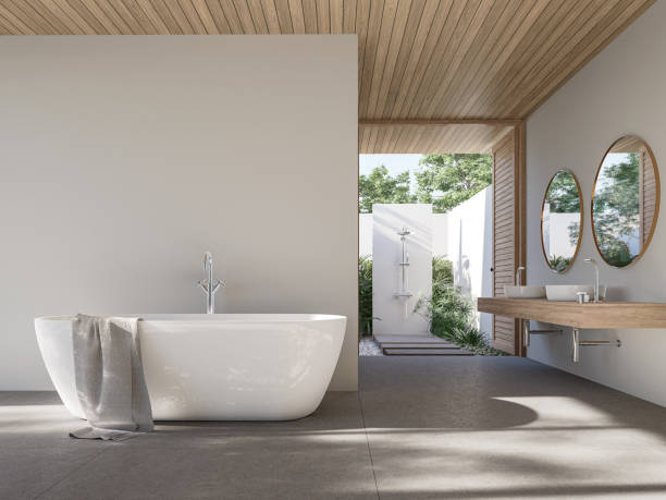 nowoczesna nowoczesna łazienka na poddaszu z prysznicem na świeżym powietrzu 3d render - kąpiele zdjęcia i obrazy z banku zdjęć