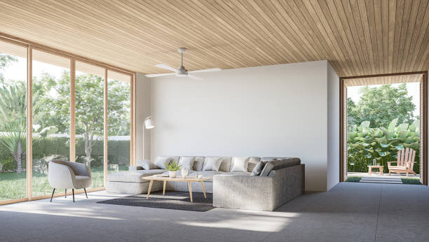 loft contemporain moderne salon avec porte ouverte sur le jardin rendu 3d - home interior sparse contemporary sofa photos et images de collection