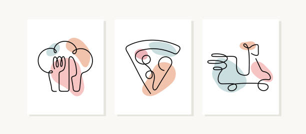 Pizza posters Continuous line vector illustration pepperoni pizza drawing stock illustrations