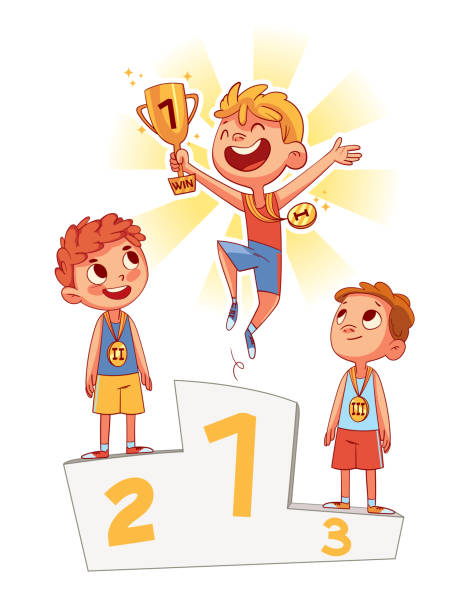 ilustraciones, imágenes clip art, dibujos animados e iconos de stock de podio ganador. coloridos personajes de dibujos animados - winning achievement award little boys