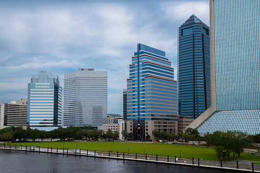 Downtown Northbank Jacksonville, Florida skyline. Looking across the St. Johns River at The Landing.