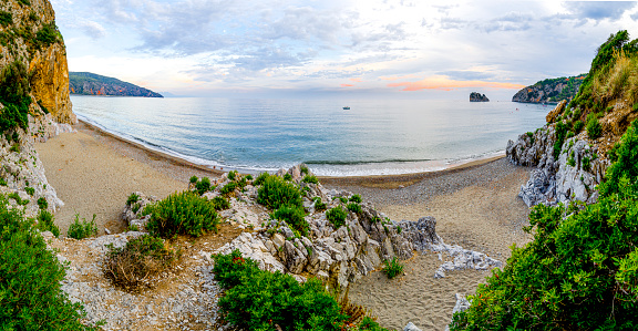 Palinuro, Campania, Italy: Characteristic beach at the Marinella with the splendid view of the Rabbit rock