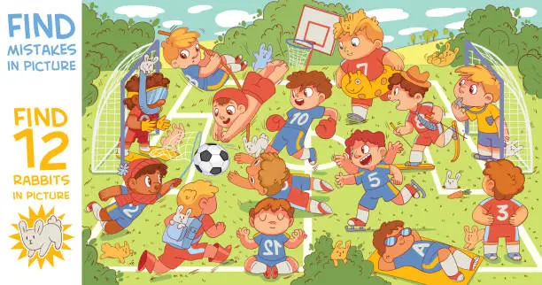 Vector illustration of Children are playing football. Find mismatch. Find 12 rabbits in the picture