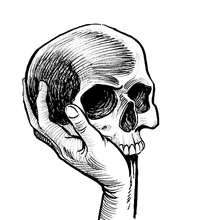 Ink black and white drawing of a hand holding a human skull
