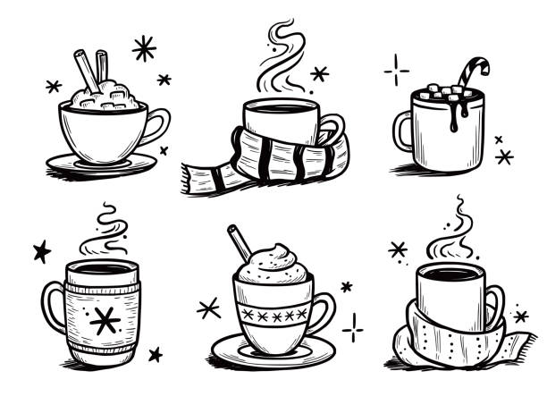 Christmas hot drink set of winter coffee, tea, chocolate Christmas hot drink set of winter coffee, tea. Hand drawn sketch style. Drink cup, mug with winter scarf. Vector illustration. marshmallow chocolate stock illustrations