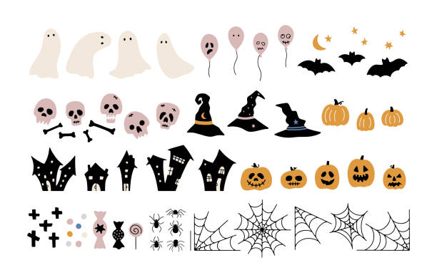 Halloween set with traditional elements Hand drawn vector collection of Halloween traditional elements isolated on white. Ghosts, skulls, bones, balloons, pumpkins, spiders, bats, candies. Cute illustrations for Halloween party and holidays bat stock illustrations