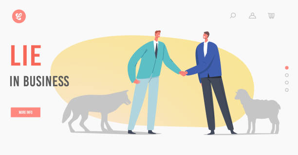 Lie Business Landing Page Template. Betrayal, False Agreement or Dangerous Friendship Concept. Partners Wolf and Sheep Lie Business Landing Page Template. Betrayal, False Agreement or Dangerous Friendship Concept. Partners Male Characters with Shadows of Wolf and Sheep Shaking Hands. Cartoon People Vector Illustration wolf and lamb stock illustrations