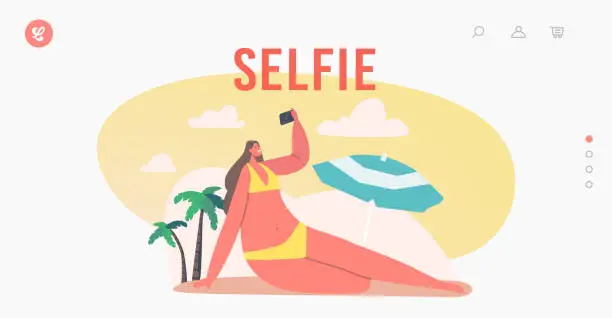 Vector illustration of Young Woman Taking Selfie on Smartphone at Sea Beach Landing Page Template. Happy Female Character Shoot Vacation Relax