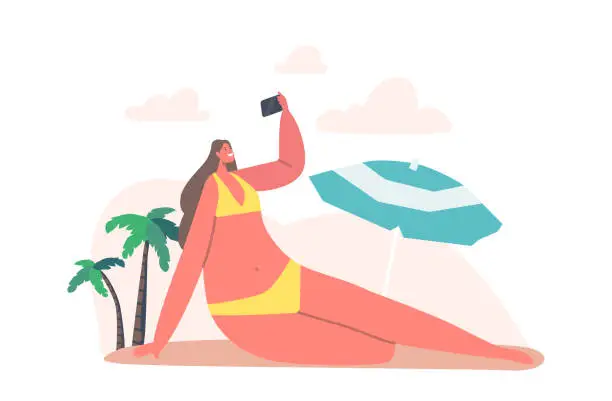 Vector illustration of Young Woman Taking Selfie on Smartphone at Sea Beach with Palm Trees and Umbrella. Happy Girl on Summer Vacation