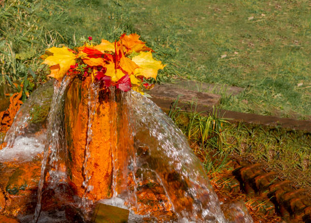 Wellspring is decorated with  garland of autumn leaves. Topic - mystical properties and purity of natural water.