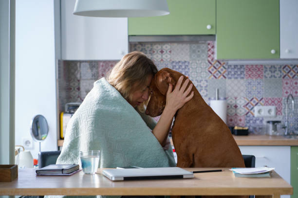 apoyo de un amigo mascota: mujer llorando abrazo perro reconfortante sentarse en la cocina cansado de buscar un nuevo trabajo - i love my job fotografías e imágenes de stock