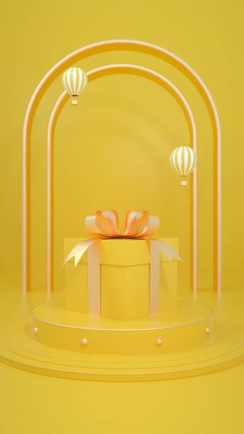 istock Gift boxes on display booths for 3D rendered yellow scenes 1339930104