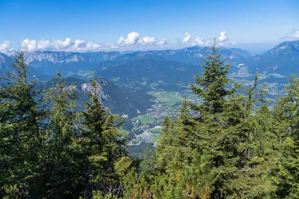 Berchtesgadener Land, Germany, September 2021: Panoramic view from the top of the mounain Jenner in Bavaria