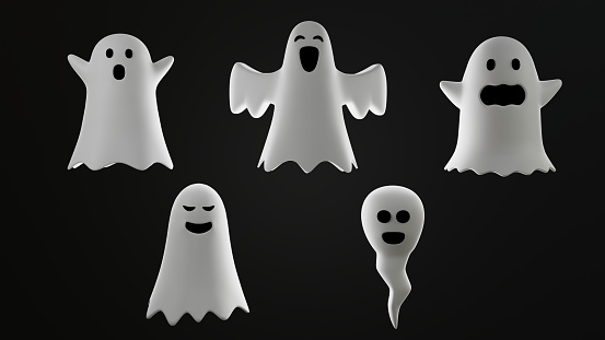 Ghost apparition spook horror set. Ghost shadow funny. ghost sheet for halloween character design. Isolated 3d rendering. Ghost character Costume evil or Character creepy funny cute.