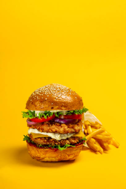 Big doubleburger with breaded chicken cutlet and fries stock photo