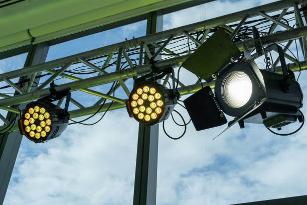 istock Studio lights attached to a steel structure attached to a glass flap on the building behind are the sunlight and clouds used for video productions 1339939963