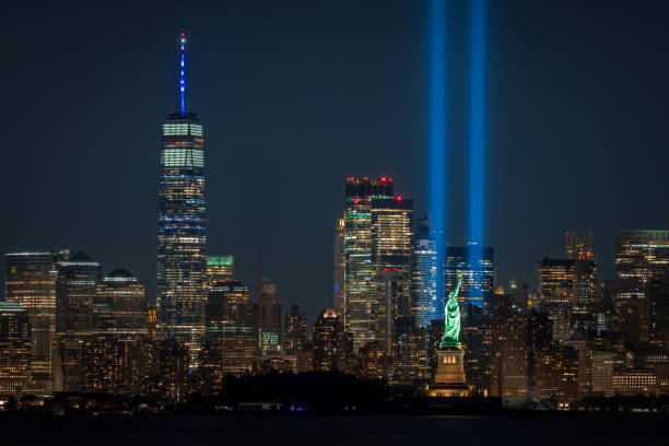 World Trade Center, Tribute in Light and the Statue of Liberty on 9/11 stock photo