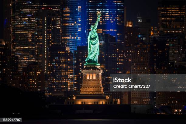 Statue Of Liberty Salutes 911 Memorial Stock Photo - Download Image Now - New York City, Urban Skyline, Night