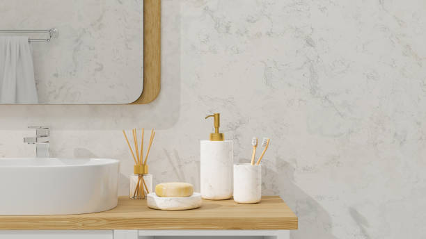 istock Modern bathroom interior with vessel sink, diffusers, soap, toothbrush, shampoo on wooden countertop, 3d rendering 1339943262
