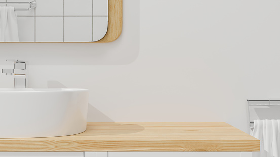 Close up of stylish bathroom interior with mockup space for montage on wooden bathroom countertop, vessel sink, faucet and minimalist mirror on white wall, 3d rendering, 3d illustration