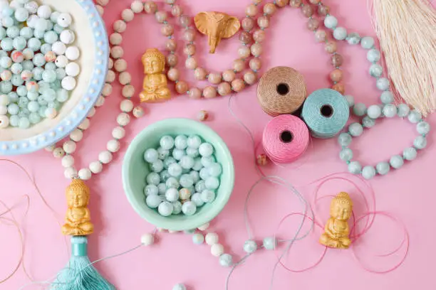 Prayer and manifestations. Jewelry making with Buddha pendants and real stone.