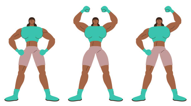 illustrations, cliparts, dessins animés et icônes de la boxeuse forte avec trois postures - boxing womens