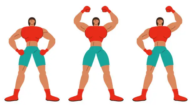 Vector illustration of The strong female boxer with three postures