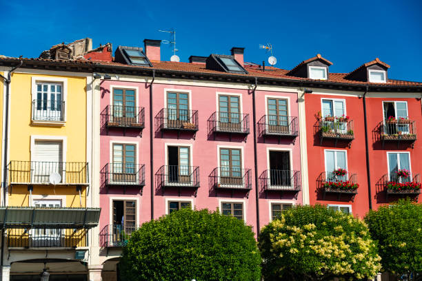 Colorful homes in the historic old town of Burgos, Spain.