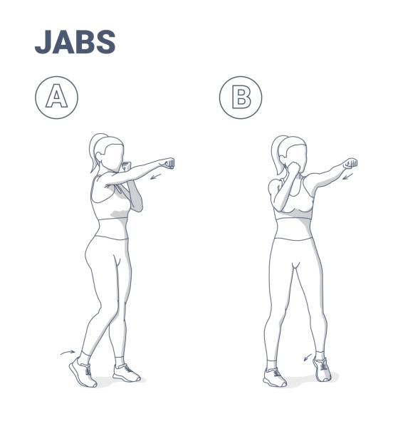 illustrations, cliparts, dessins animés et icônes de femme faisant des jabs exercice fitness home workout guidance illustration. fille boxe move jab punch - boxing fist knocking punch