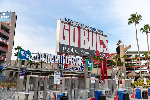 Tampa, FL - September 10, 2021: Raymond James Stadium in Tampa, Florida, home of the NFL Tampa Bay Buccaneers football team.