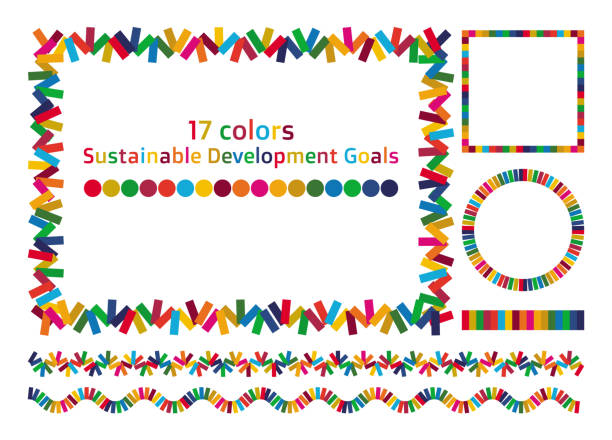 Sustainable Development Goals. A set of beautiful frames and decorative ruled lines in 17 colors, the image of the SDGs. Vector. Sustainable Development Goals. A set of beautiful frames and decorative ruled lines in 17 colors, the image of the SDGs. Vector.
 The design is made up of 17 colors with the image of the SDGs. ruled stock illustrations