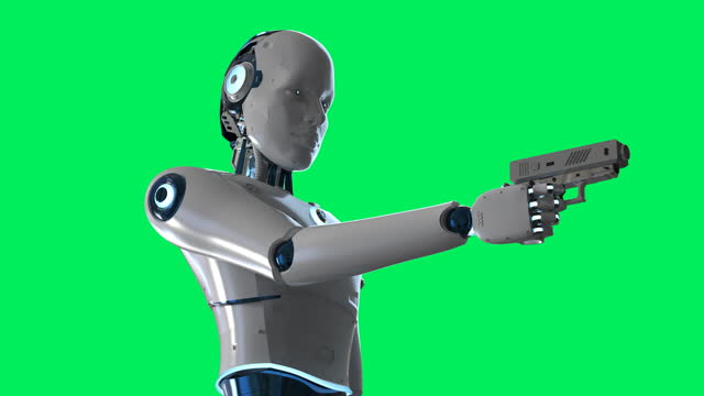 robot or cyborg hold gun as terroris