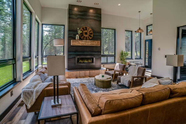 istock Linear electric fireplace in family room 1339955922