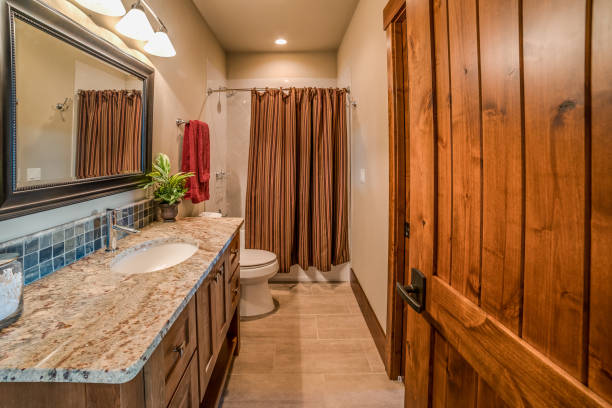 istock Rich wood colors in bathroom 1339956257
