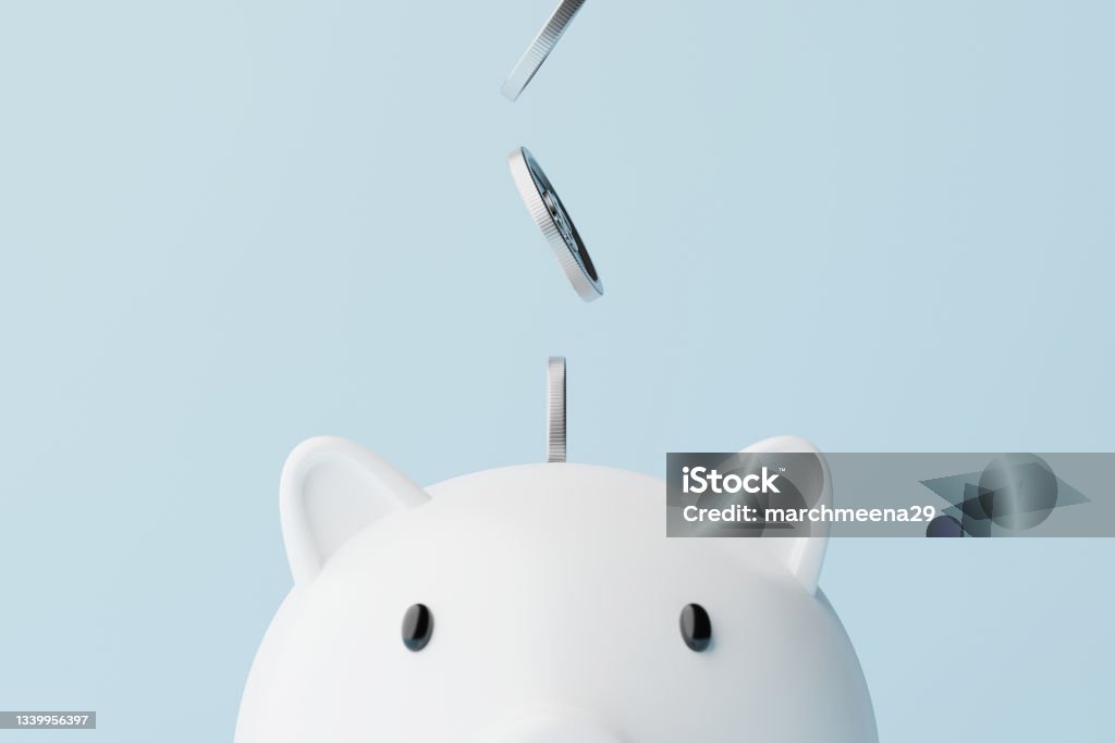 Save money and investment concept. Closeup piggy bank and silver coins falling. 3d rendering illustration Savings Stock Photo