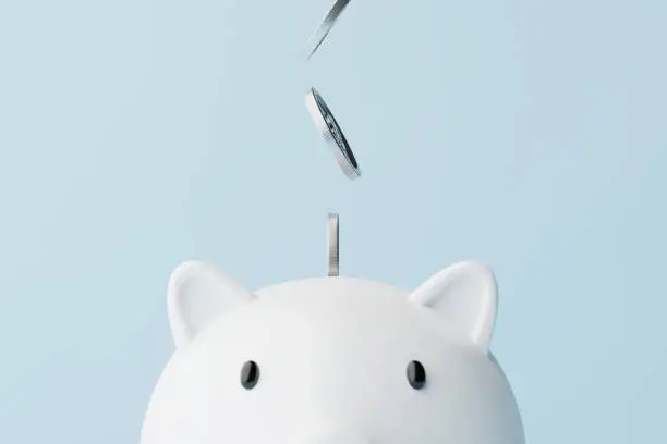 Photo of Save money and investment concept. Closeup piggy bank and silver coins falling. 3d rendering illustration